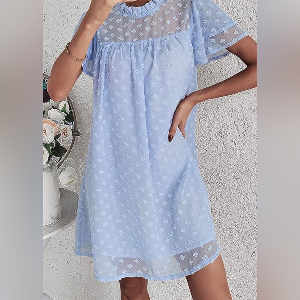 Ruffle textured blue mini loose dress